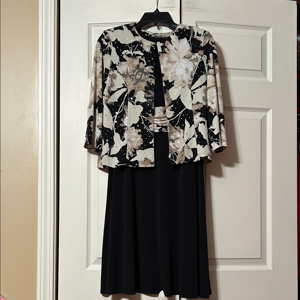 Jessica Howard 6P Black Dress & Neutral Floral Jacket w/Sequins Two-Piece Set